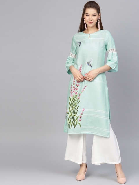 

W Women Blue Floral Print A-Line Kurta