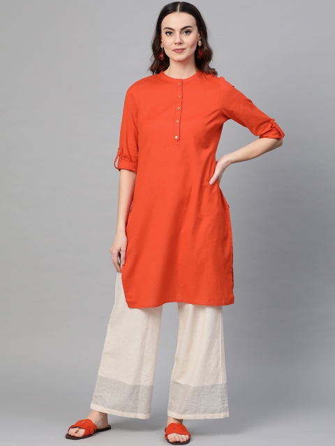 

W Women Orange Solid Straight Kurta