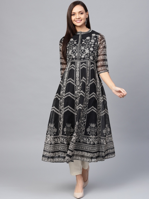 

W Women Black & Off-White Printed A-Line Kurta