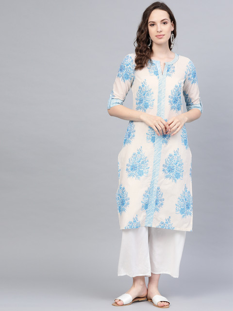 

W Women White & Blue Printed Straight Kurta