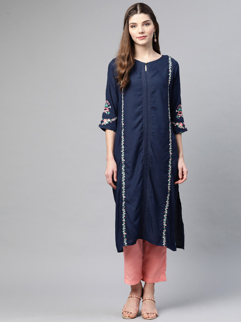 

W Women Navy Blue Solid Straight Kurta With Embroidered Detail