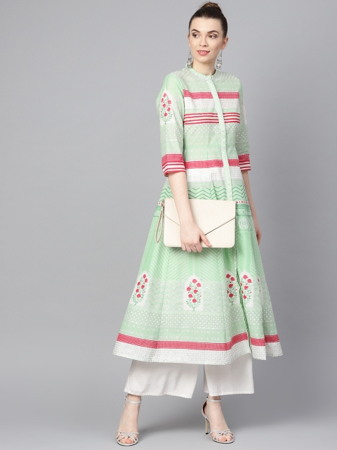 

W Women Green & Pink Printed Anarkali Kurta