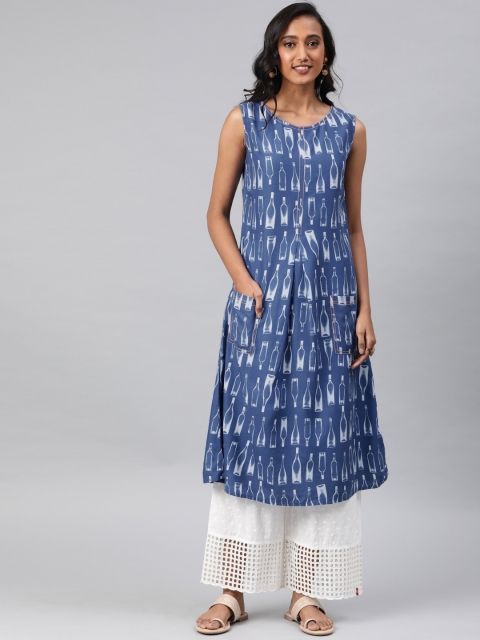 

W Women Blue & White Bottle Print A-Line Kurta
