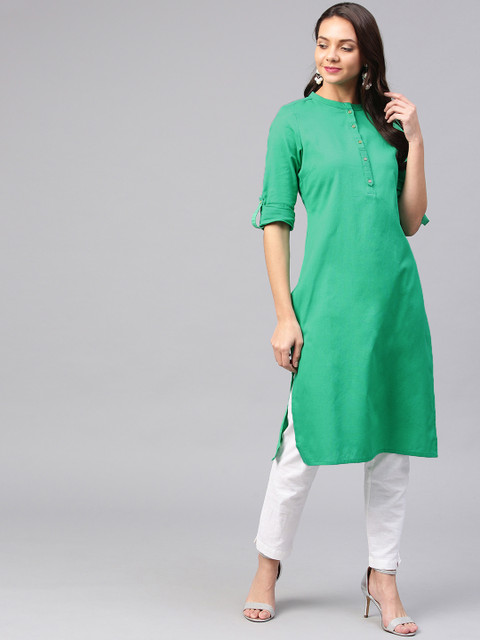 

W Women Green Solid Straight Kurta
