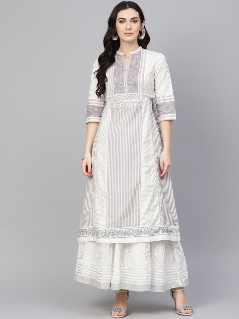 

W Women White & Grey Striped A-Line Kurta
