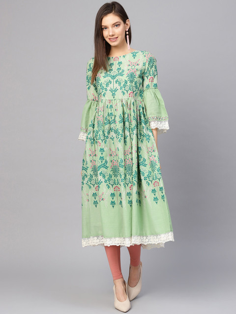 

W Women Green & Pink Printed A-Line Kurta