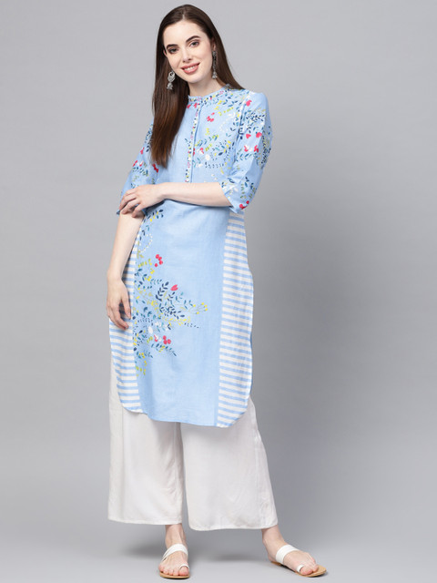 

W Women Blue & White Floral Printed Straight Kurta