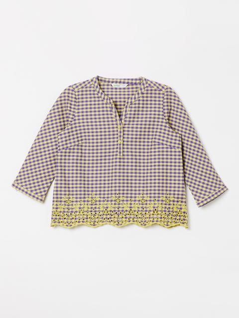 

Bossini Girls Yellow & Navy Blue Checked Shirt Style Pure Cotton Top
