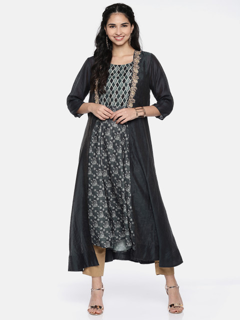 

Melange by Lifestyle Women Navy Blue Printed A-Line Layered Kurta
