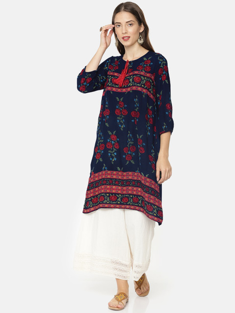 

Melange by Lifestyle Women Navy Blue & Red Printed Straight Kurta