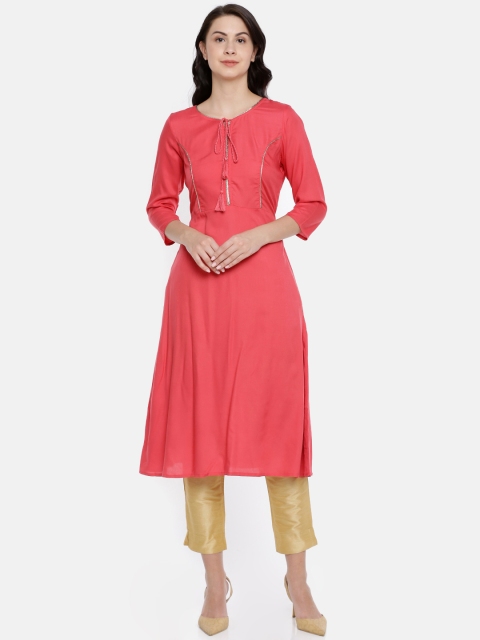 

Melange by Lifestyle Women Coral Pink Solid A-line Kurta
