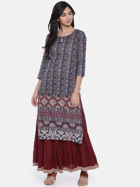 

Melange by Lifestyle Women Navy Blue Printed Straight Calf Length Kurta