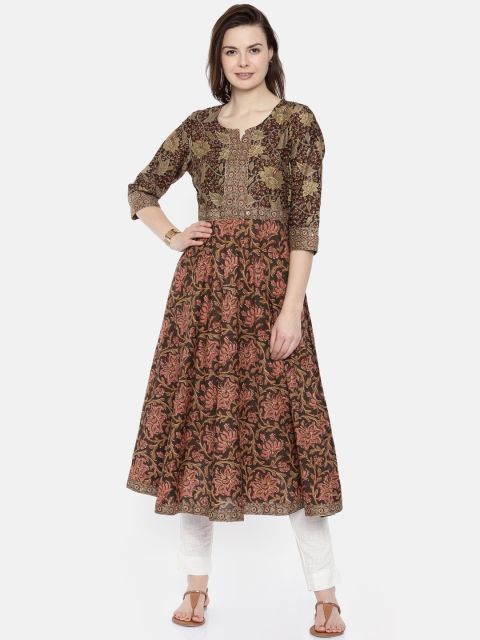 

Melange by Lifestyle Women Olive Green & Brown Printed Anarkali Kurta