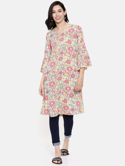 

Melange by Lifestyle Women Coral & Off-White Printed Straight Kurta