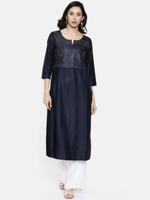 

Melange by Lifestyle Women Navy Blue Yoke Design Straight Kurta