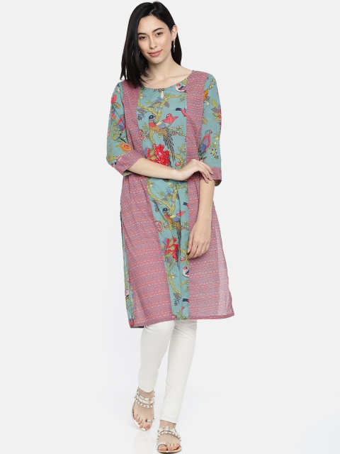 

Melange by Lifestyle Women Green & Blue Printed Straight Kurta