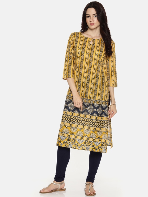 

Melange by Lifestyle Women Mustard Yellow & Blue Printed Straight Kurta