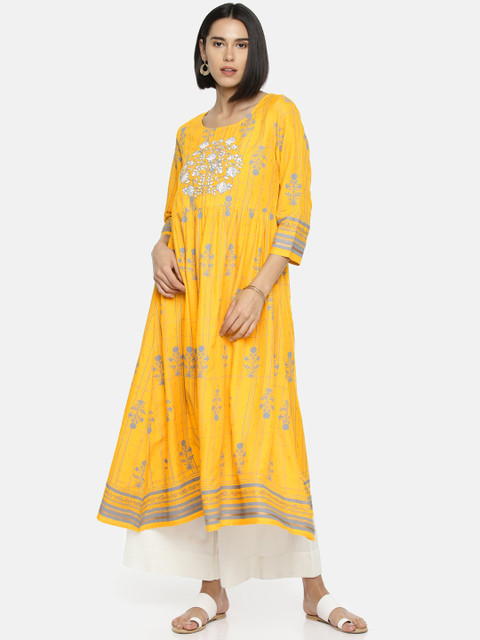 

Melange by Lifestyle Women Yellow & Grey Printed A-Line Kurta
