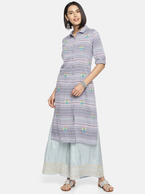 

Melange by Lifestyle Women Blue & Off-White Embroidered Straight Kurta