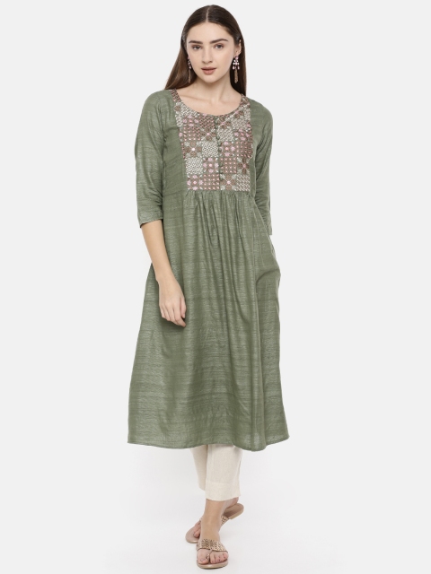 

Melange by Lifestyle Women Green Yoke Design Straight Kurta