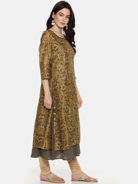 

Melange by Lifestyle Women Mustard Yellow & Brown Printed A-Line Layered Kurta