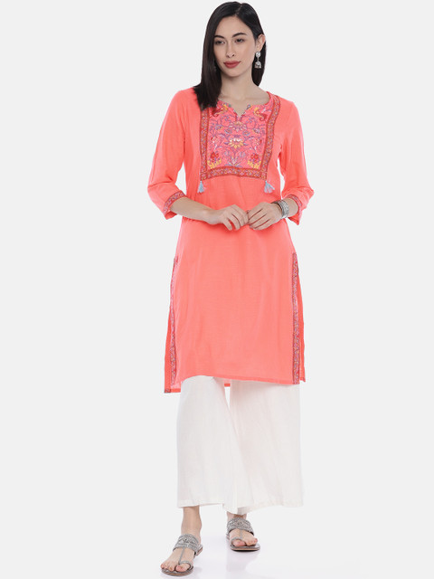 

Melange by Lifestyle Women Coral Orange Yoke Design Straight Kurta