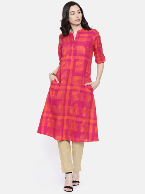 

Melange by Lifestyle Women Pink & Orange Checked A-Line Kurta