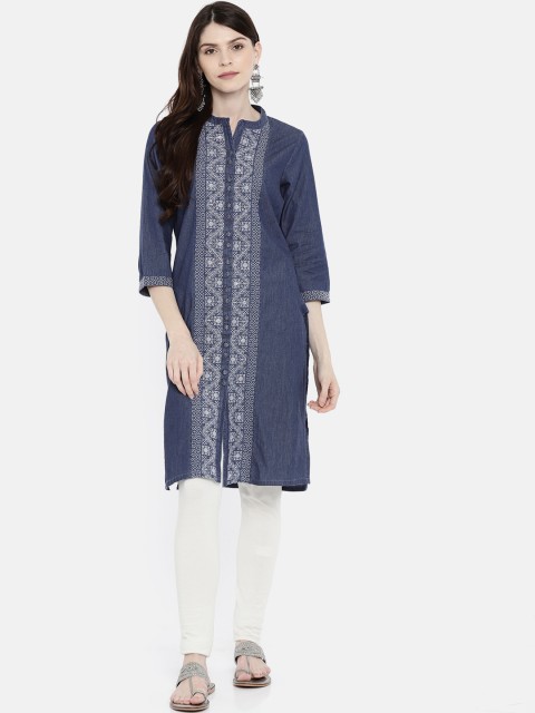 

Melange by Lifestyle Women Blue Solid Straight Denim Kurta