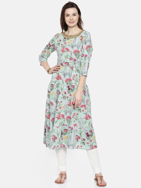 

Melange by Lifestyle Women Mint Green Printed Anarkali Kurta