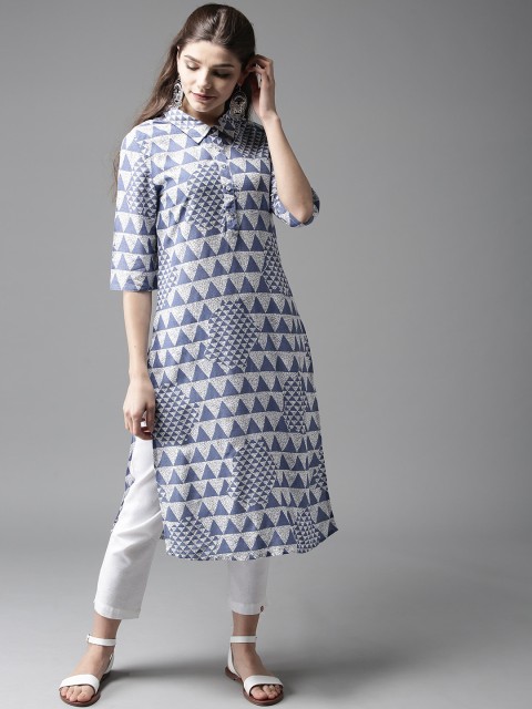 

HERE&NOW Women White & Blue Printed Straight Kurta