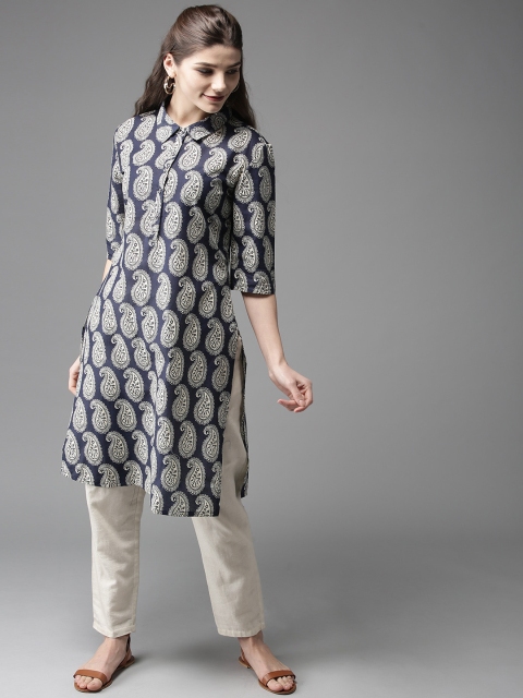 

HERE&NOW Women Navy Blue & Beige Printed Straight Kurta