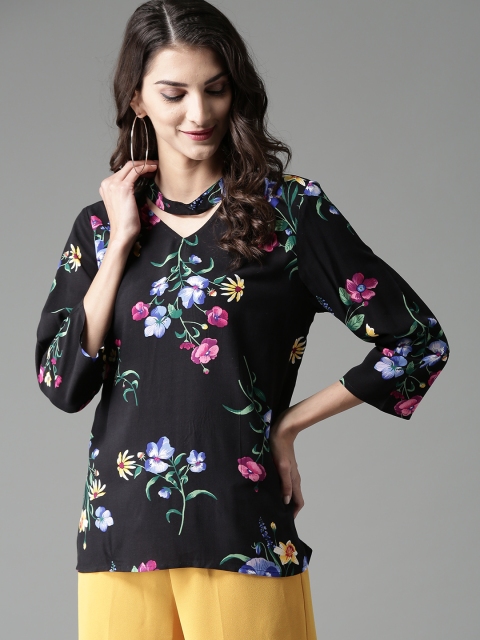 

HERE&NOW Women Black & Blue Floral Print Top