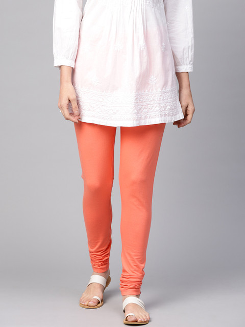

W Women Coral Orange Solid Churidar Leggings