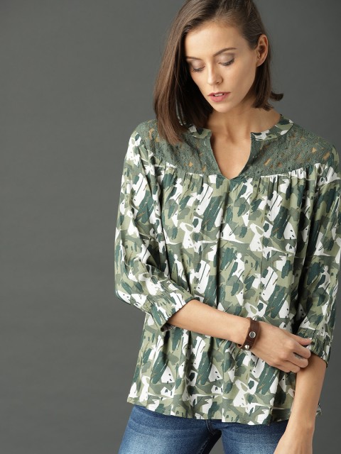 

Roadster Women Olive Green Printed top with Lace Yoke