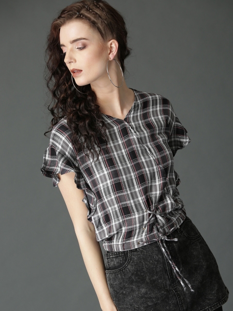 

Roadster Women Black & Grey Checked Overlap Blouson Top with Waist Tie-Up