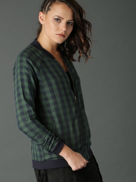 

Roadster Women Green & Navy Checked Bomber