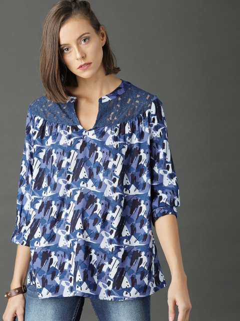 

Roadster Women Blue Printed Top with Lace Yoke