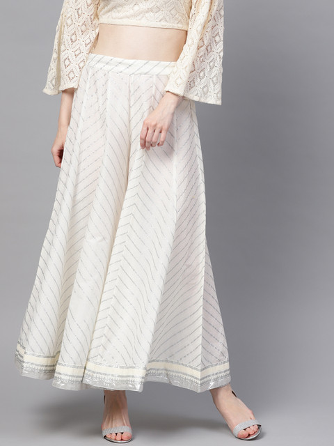

W Women White & Silver Printed Flared Palazzos