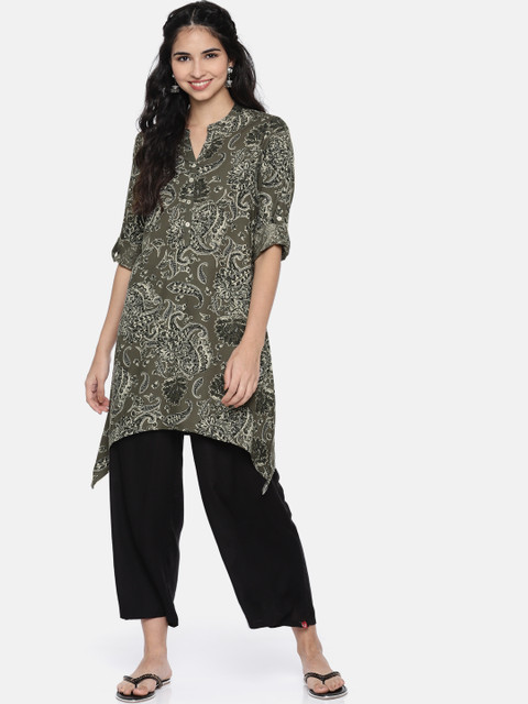 

Melange by Lifestyle Women Olive Green Printed Asymmetric Kurta