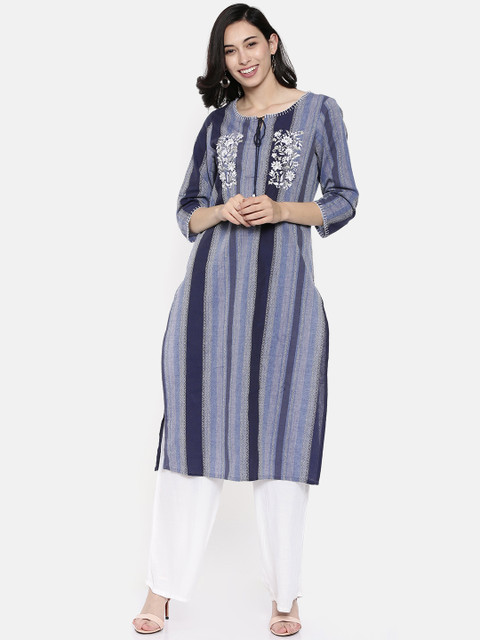 

Melange by Lifestyle Women Blue Striped Straight Kurta