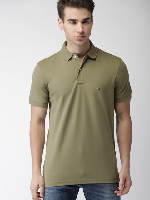 

Tommy Hilfiger Men Olive Green Solid Polo T-shirt