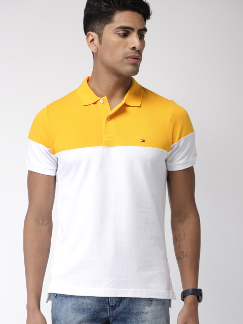 

Tommy Hilfiger Men White & Yellow Colourblocked Polo Collar T-shirt