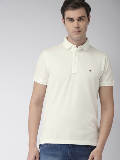 

Tommy Hilfiger Men Off-White Solid Slim Fit Polo Collar T-shirt