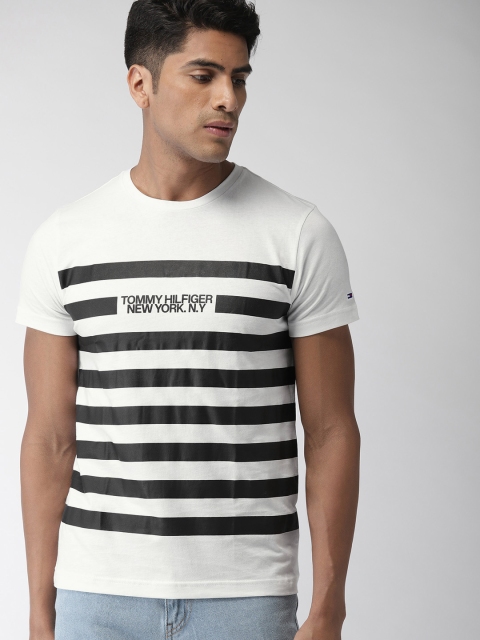 

Tommy Hilfiger Men White & Black Striped Round Neck T-shirt