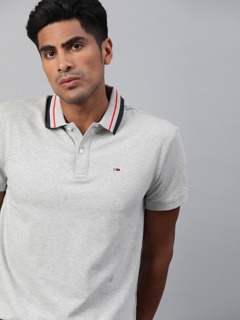 

Tommy Hilfiger Men Grey Melange Solid T-shirt with Striped Polo Collar