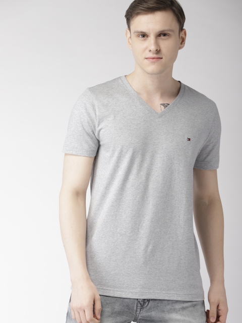 

Tommy Hilfiger Men Grey Melange Solid V-Neck T-shirt