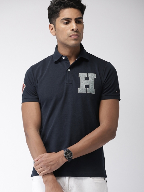 

Tommy Hilfiger Men Navy Blue Slim Fit Solid Polo Collar T-shirt
