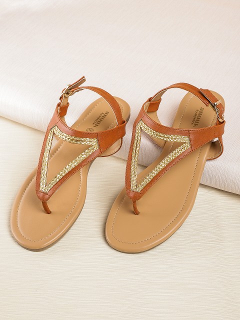 

Anouk Women Brown & Gold-Toned Braided Detail Open Toe Flats