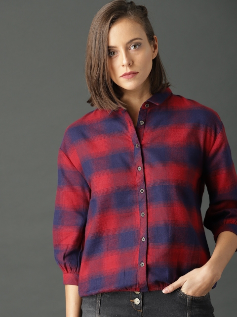 

Roadster Women Maroon & Blue Boxy Fit Checked Blouson Shirt