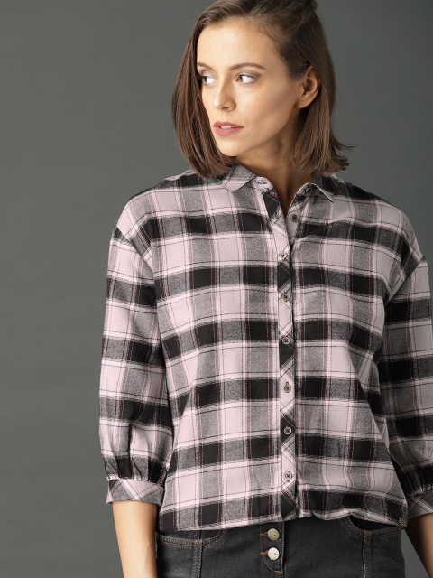 

Roadster Women Black & Grey Boxy Fit Checked Blouson Shirt